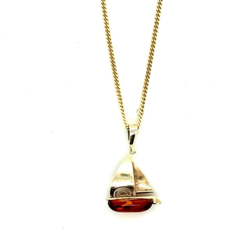 Vintage 925 Sterling Silver Cognac Amber Sailboat Pendant Necklace 17.5"